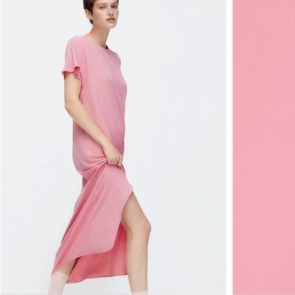 NWT Zara Pink Draped Asymmetrical Ruched Midi Dress Size S Boho Lagenlook NEW - Picture 3 of 14
